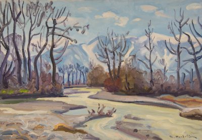 Goura, River Below, Dry Trees, Snow on Mountains — Oil painting, Canvas, 38.00×55.00cm — Theodoros Markellos